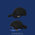 Black baseball cap with "youth" embroidery and blue adjustable strap with smiley face button on navy background