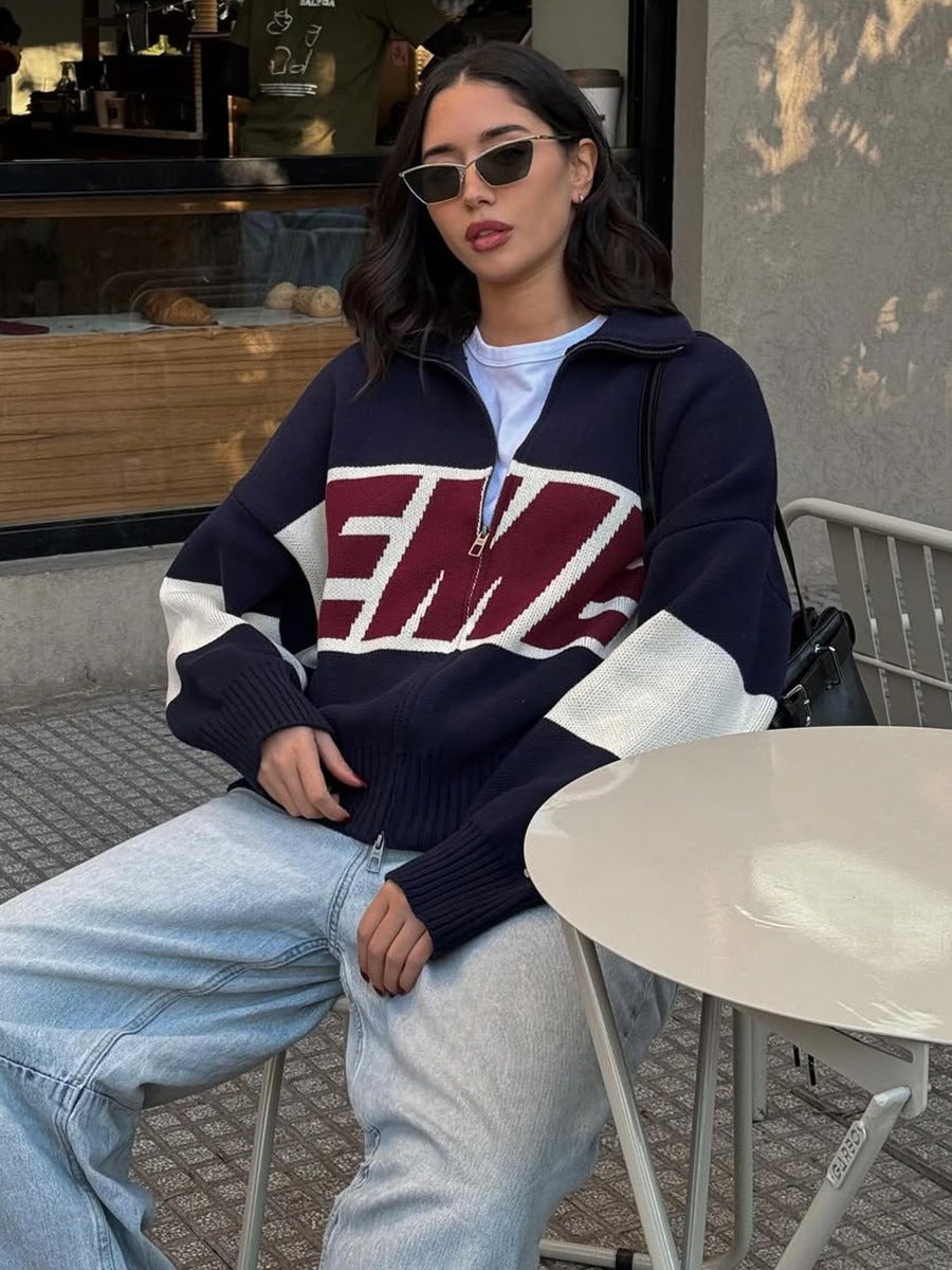 Retro Jacquard Letter Zip Up Sweater – Sporty Colorblock Knit Cardigan
