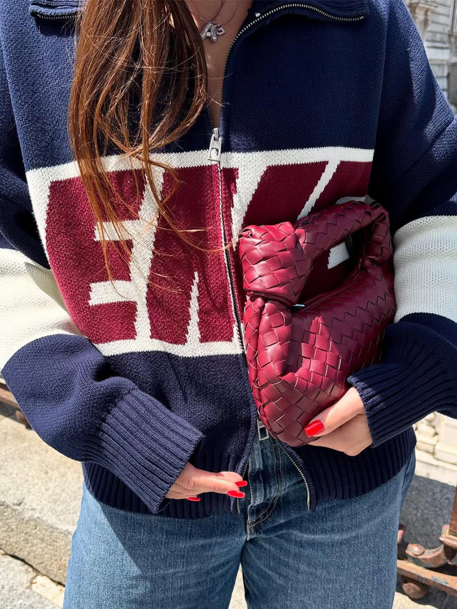 Retro Jacquard Letter Zip Up Sweater – Sporty Colorblock Knit Cardigan