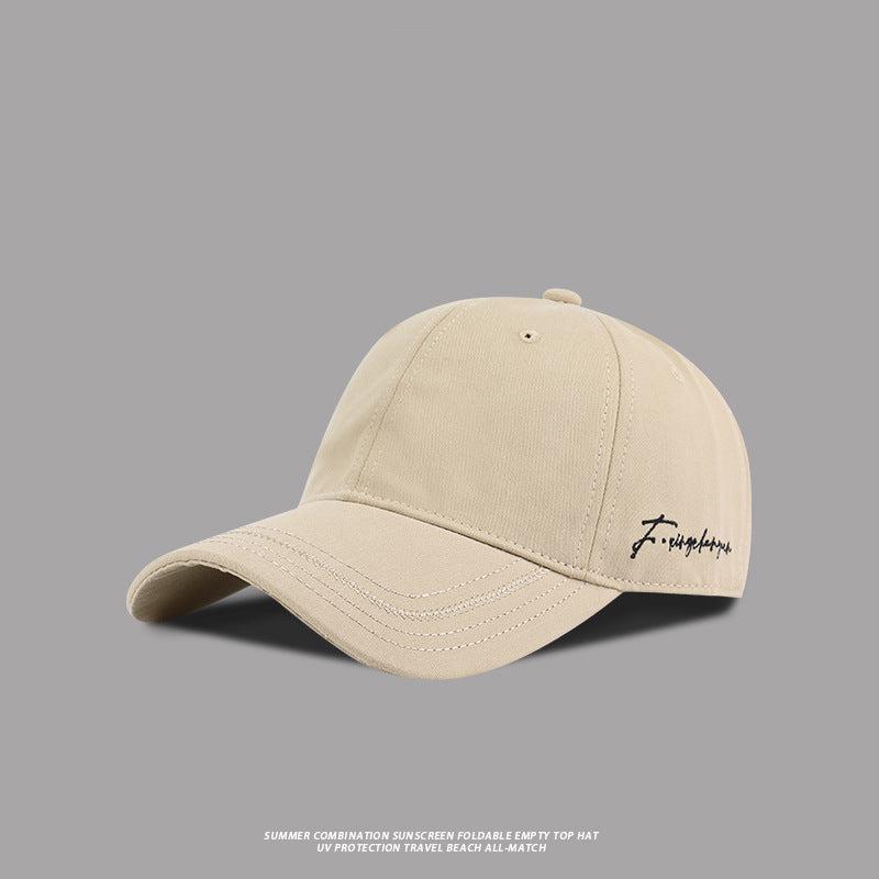 Khaki baseball cap with embroidered signature logo, lightweight and breathable