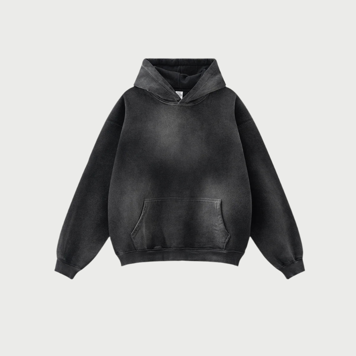 Dark gray oversized hoodie with kangaroo pocket displayed against light gray background