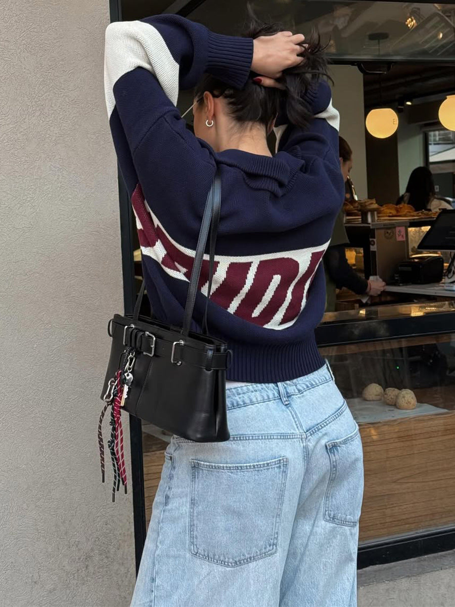 Retro Jacquard Letter Zip Up Sweater – Sporty Colorblock Knit Cardigan