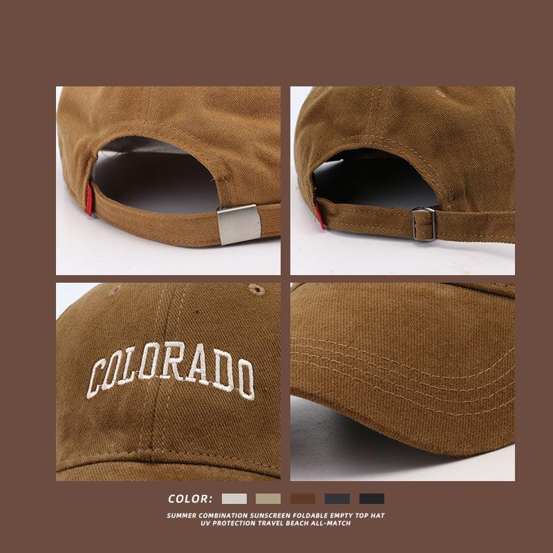 Four detailed views of tan COLORADO baseball cap showing adjustable strap, embroidered text and stitching details, displayed on brown background