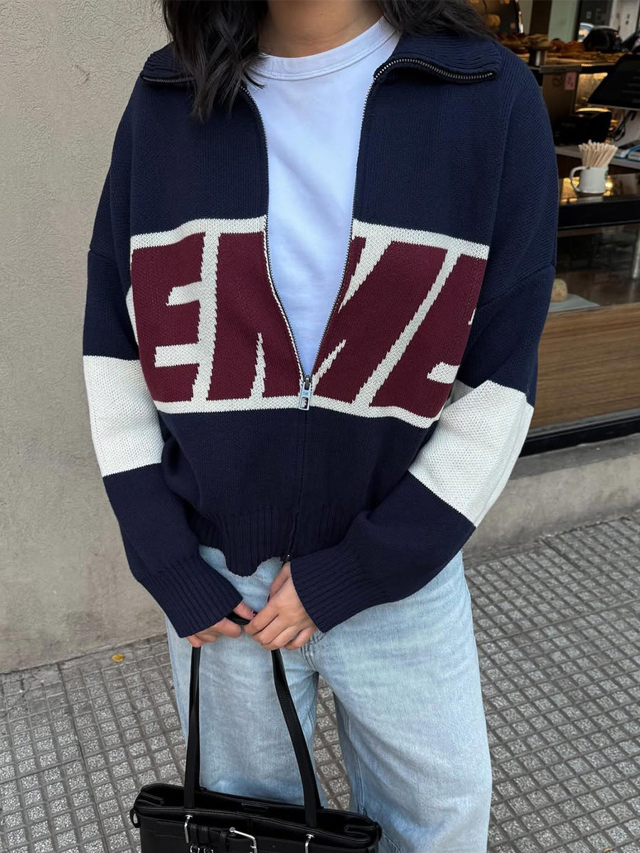 Retro Jacquard Letter Zip Up Sweater – Sporty Colorblock Knit Cardigan
