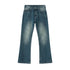 Vintage light blue flared denim jeans with soft, worn-in texture