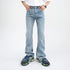 Light wash denim jeans with relaxed fit, vintage-inspired wide-leg style and washed-out detailing