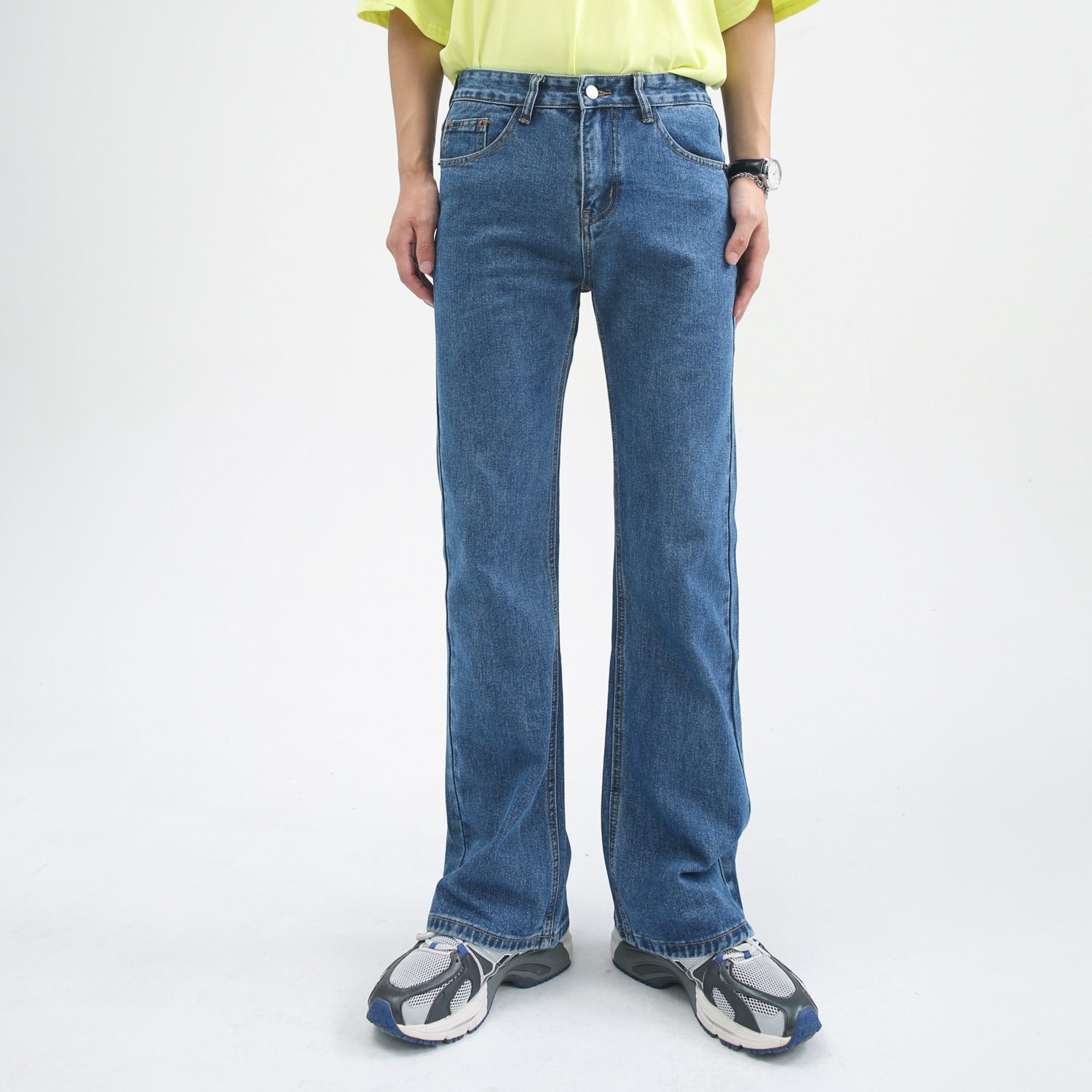 Classic blue denim jeans with straight-leg cut, medium wash finish