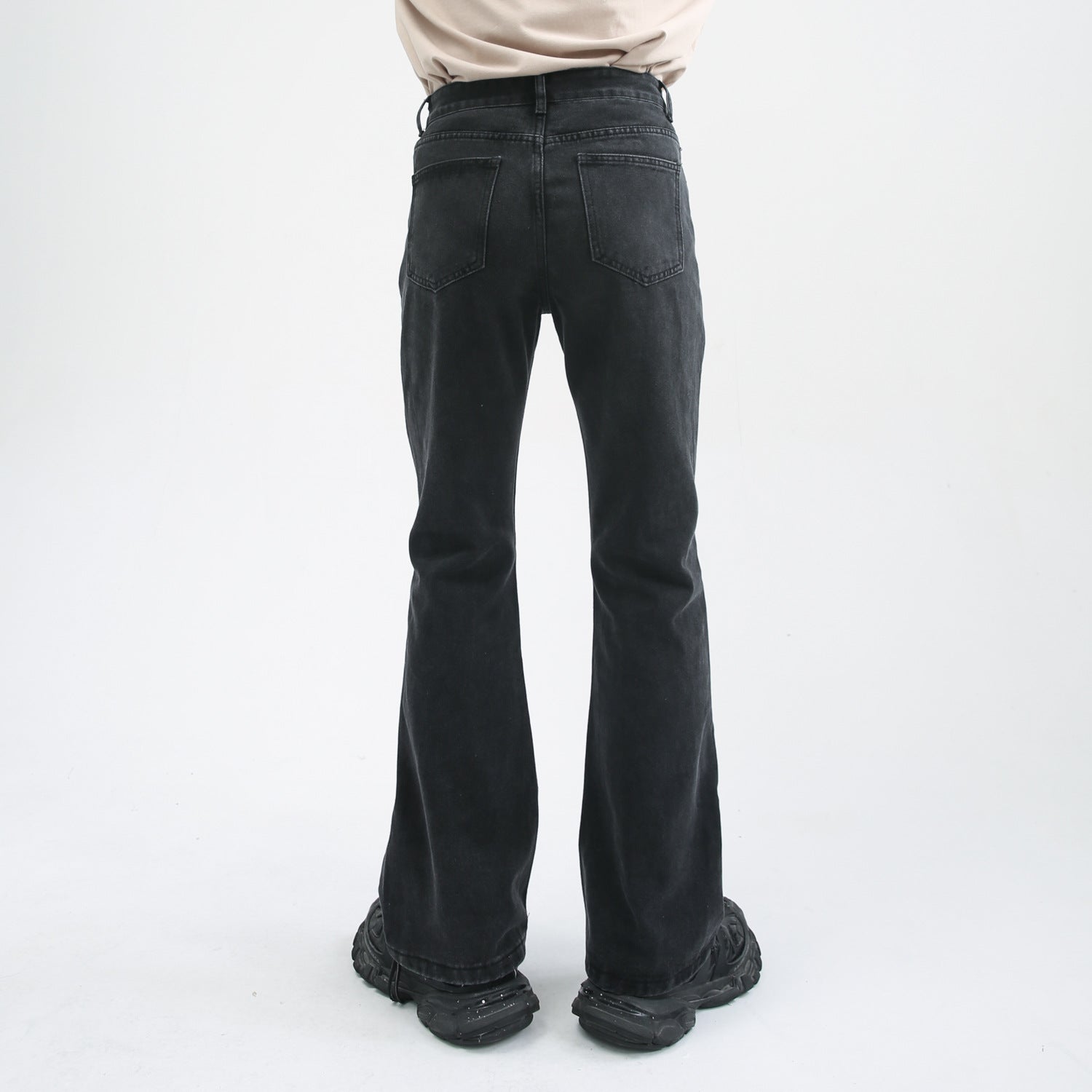 Faded black wide-leg jeans with classic five-pocket styling