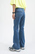 Worn-in blue denim jeans with relaxed fit and slight distressing