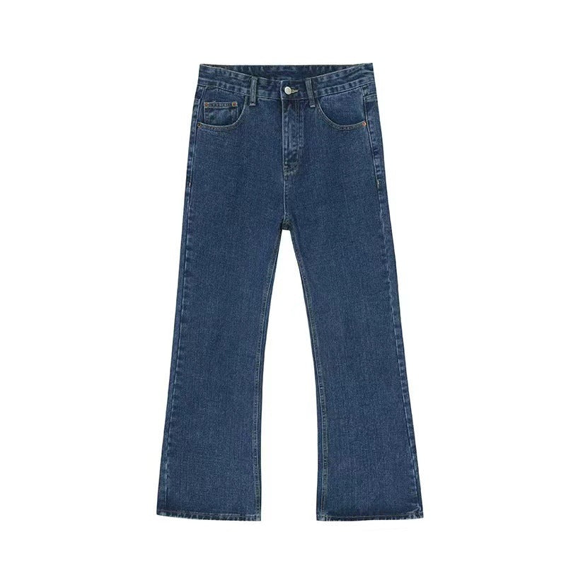 Dark blue denim jeans with straight-leg cut and traditional wash