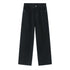 A pair of solid black wide-leg jeans displayed flat against a white background, featuring front pockets and a button closure