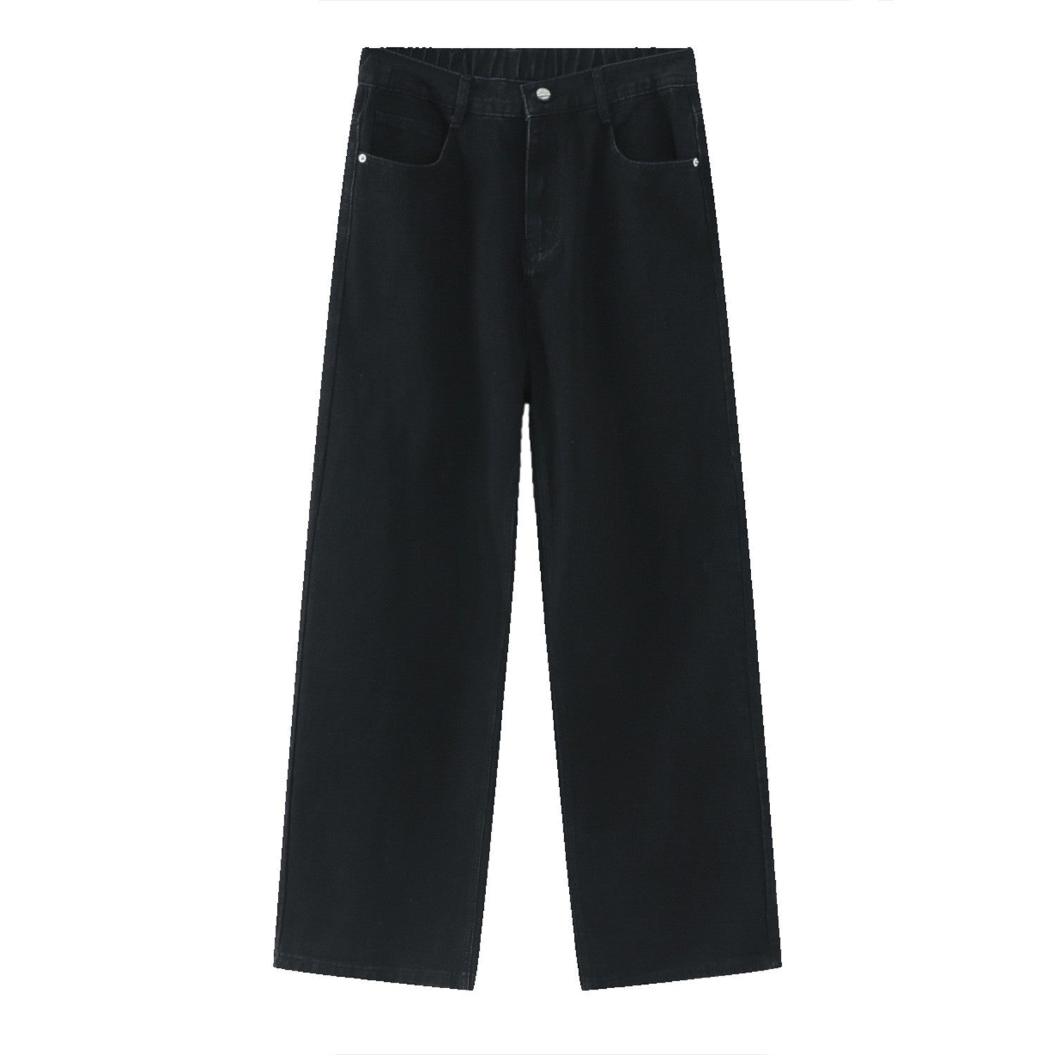 A pair of solid black wide-leg jeans displayed flat against a white background, featuring front pockets and a button closure