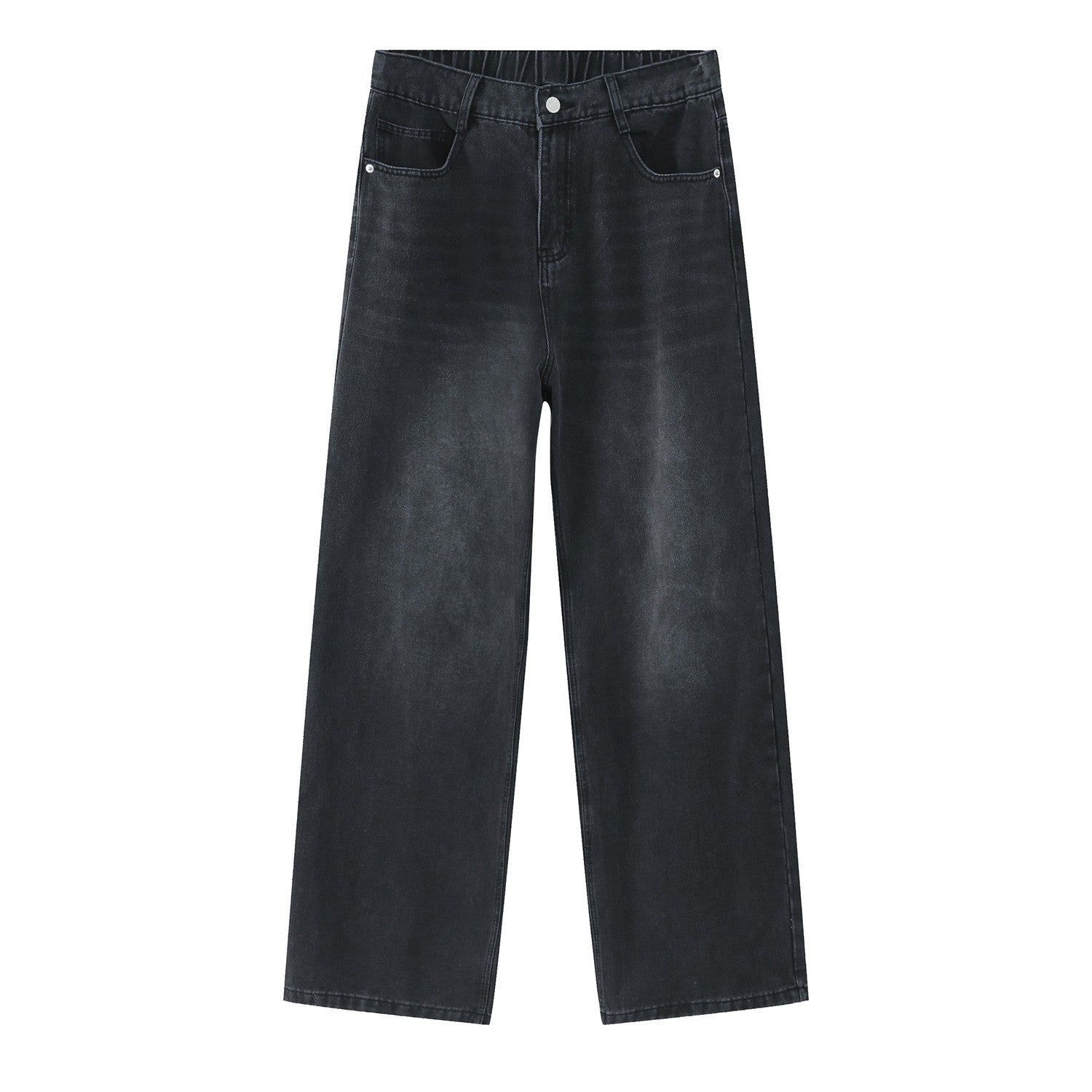 A pair of faded black wide-leg jeans displayed flat against a white background, featuring front pockets and a relaxed fit