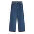 A pair of dark blue wide-leg jeans displayed flat against a white background, featuring front pockets and a relaxed fit