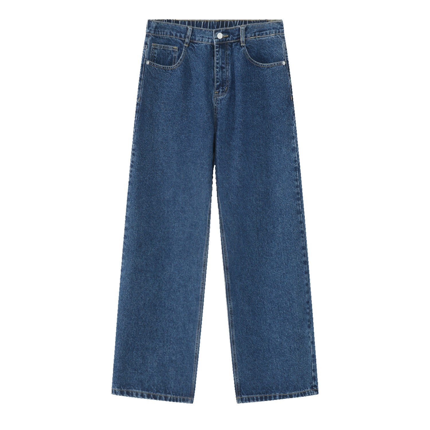 A pair of dark blue wide-leg jeans displayed flat against a white background, featuring front pockets and a relaxed fit
