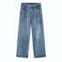A pair of vintage blue wide-leg jeans displayed flat against a white background, featuring front pockets and a relaxed fit