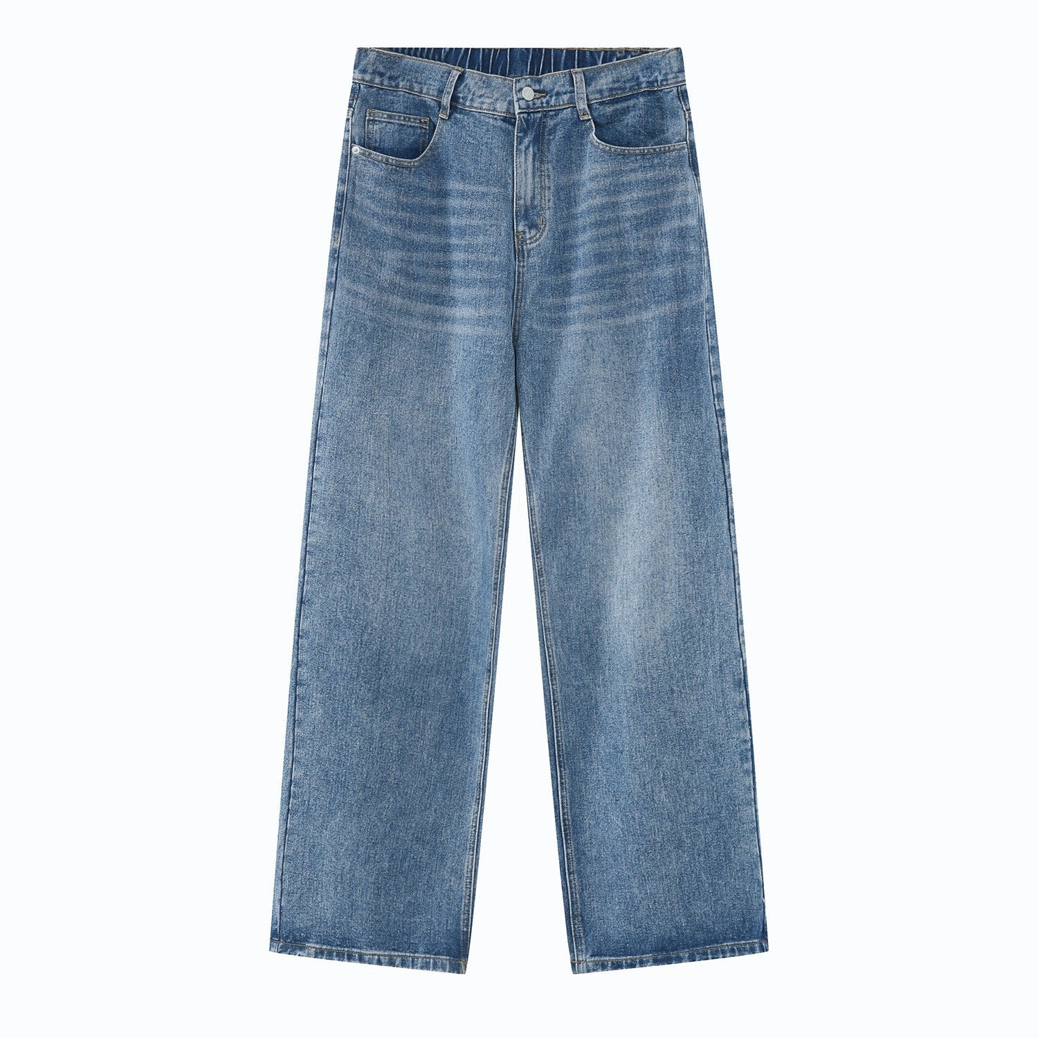 A pair of vintage blue wide-leg jeans displayed flat against a white background, featuring front pockets and a relaxed fit
