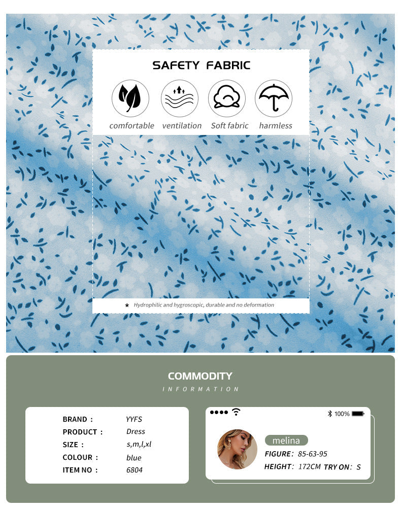 Close-up of blue floral fabric with icons highlighting the dress’s soft, breathable, and comfortable material
