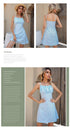 Collage of images showcasing a blue floral summer dress from different angles, including front and back views