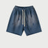 Navy blue drawstring shorts with elastic waistband and cream drawstrings displayed flat against light gray background