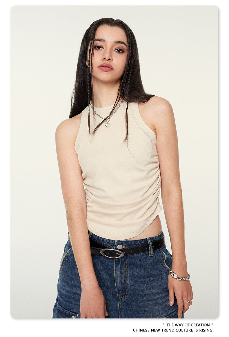 Front detail of off-white tank showing gathered side seams