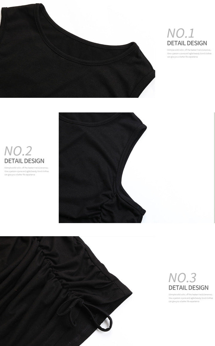 A product detail image showing neckline and sleeve construction of black sleeveless dress with numbered design features
