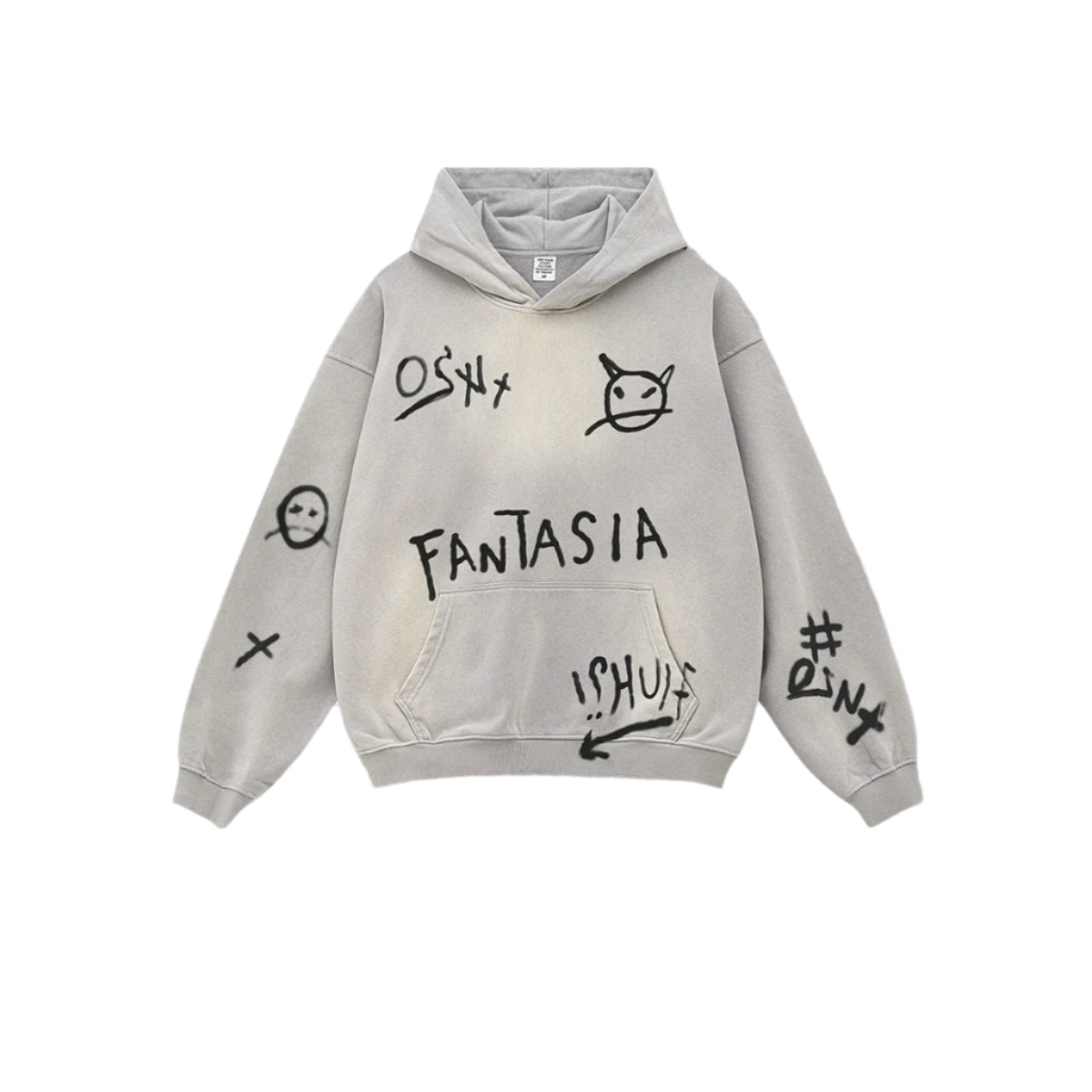 Light gray hoodie with black hand-drawn graffiti including 'FANTASIA' text and various symbols shown on white background