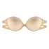 Close-up of nude beige strapless bra with multiple straps and textured edges