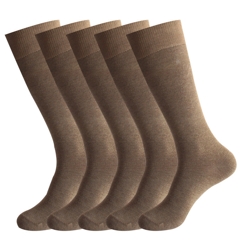 Five pairs of khaki brown dress socks with ribbed cuffs displayed against white background