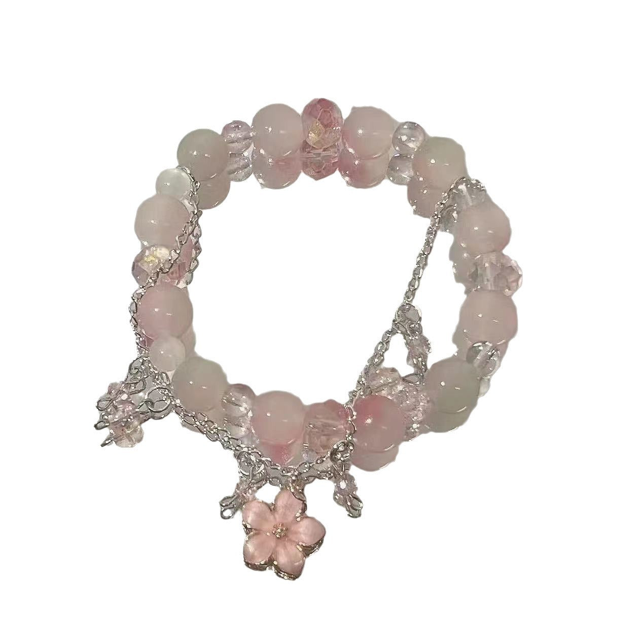 Pnk quartz beaded bracelet with silver flower charm and decorative chain detail