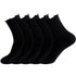 Five pairs of black ankle socks with ribbed cuffs and scalloped edges displayed side by side against white background