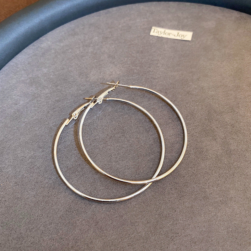 Pair of silver hoop earrings with clasp closure displayed on gray Taylor-Joy surface, showing classic design