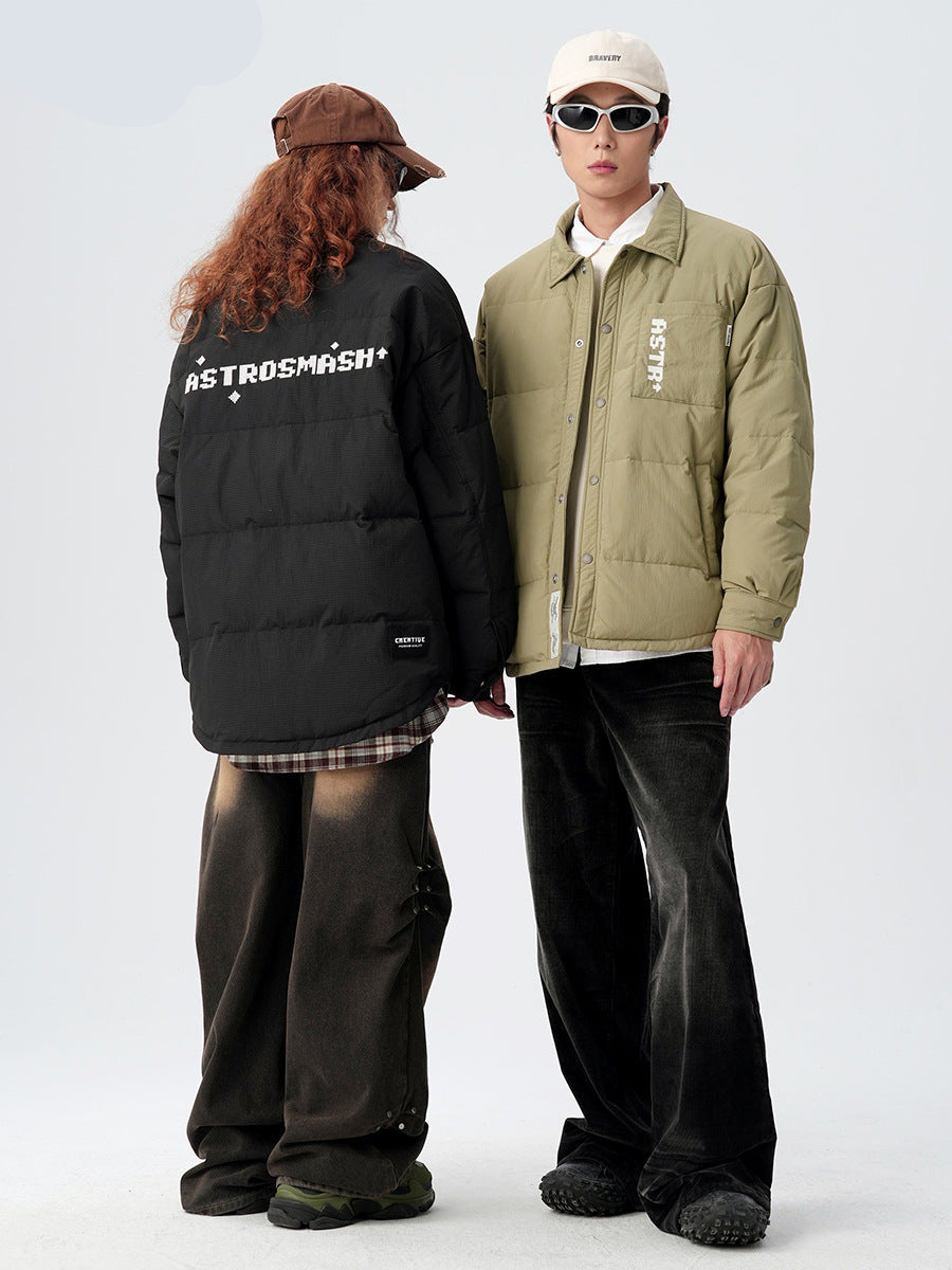 Models wearing coordinated ASTROSMASH puffer jackets - one showing back logo text, with wide-leg pants and sunglasses