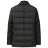 Back view of black quilted down blazer with formal collar and structured silhouette