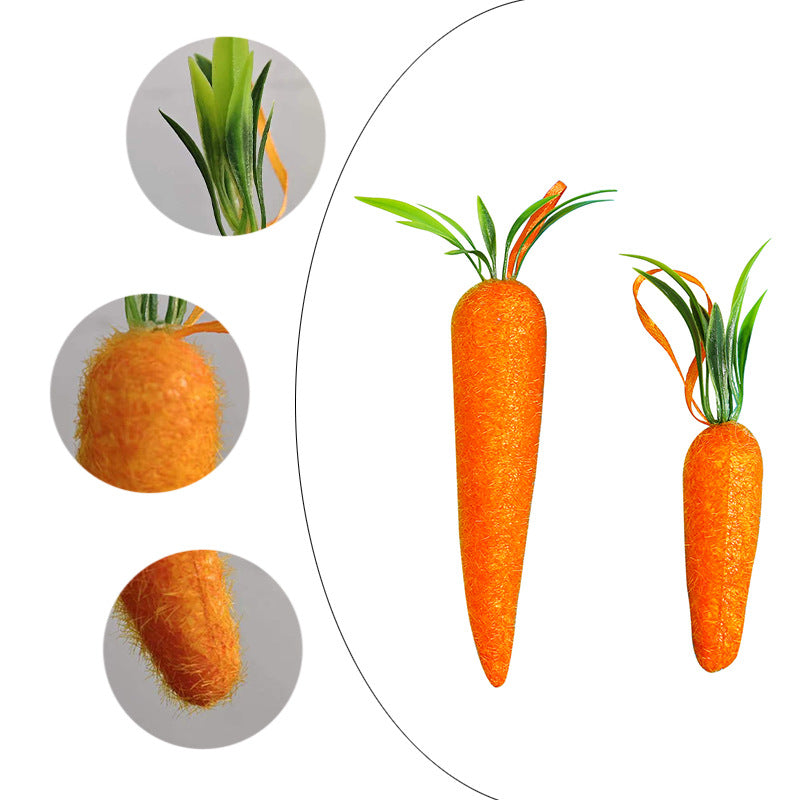 Close-up of artificial carrot decorations, showing detailed textures and green leaves, ideal for Easter or farmhouse decor.