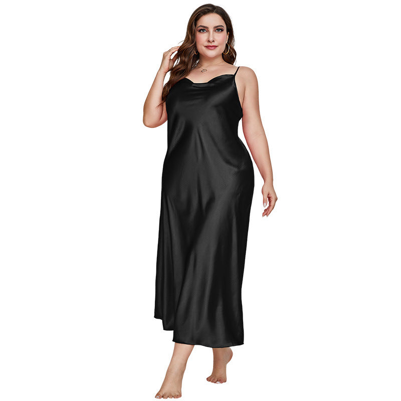 Plus-Size Satin-Feel Long Dress with V-Neck and Sleeveless Design
