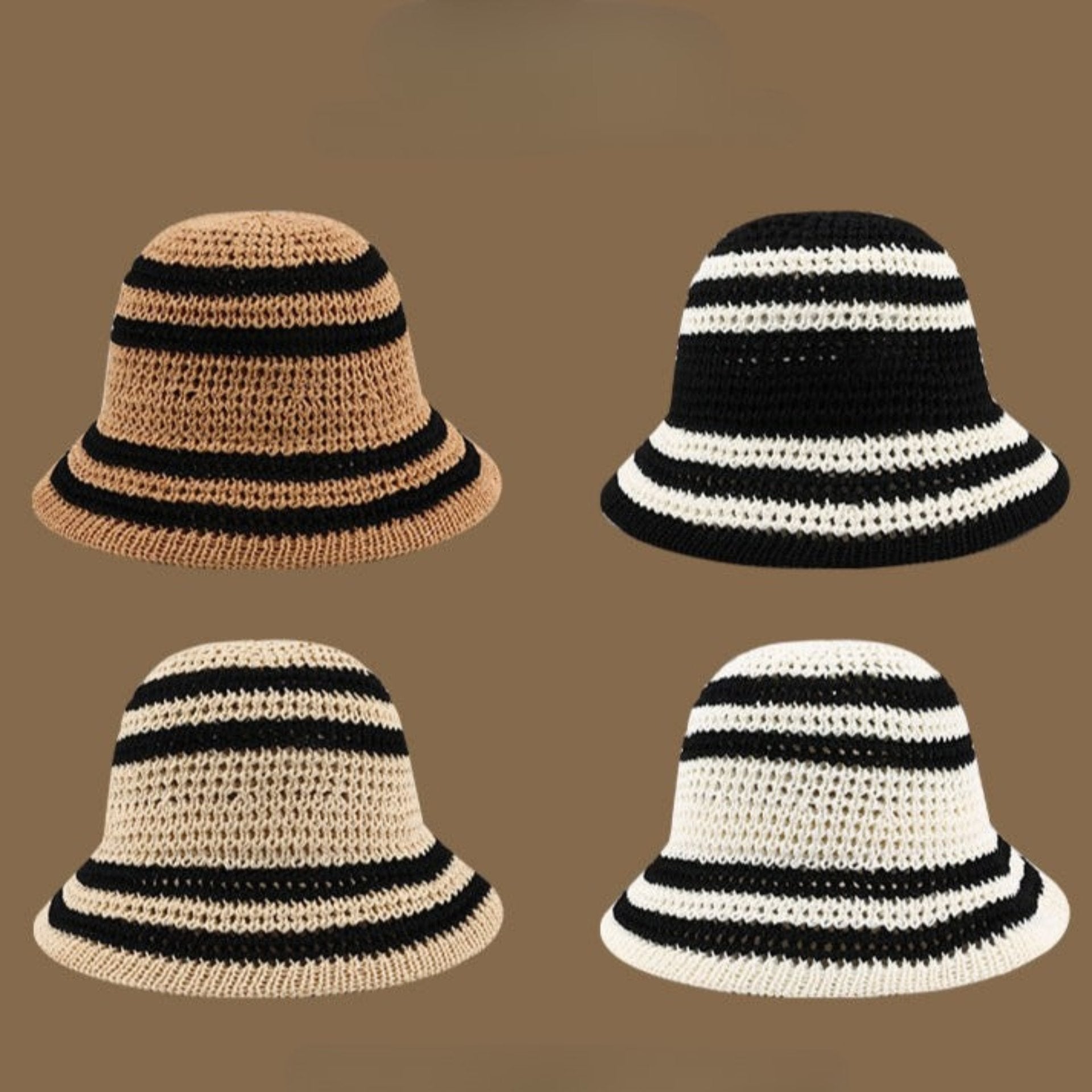 A set of four crochet bucket hats in khaki, beige, white, and black, each featuring bold horizontal stripes for a trendy look.