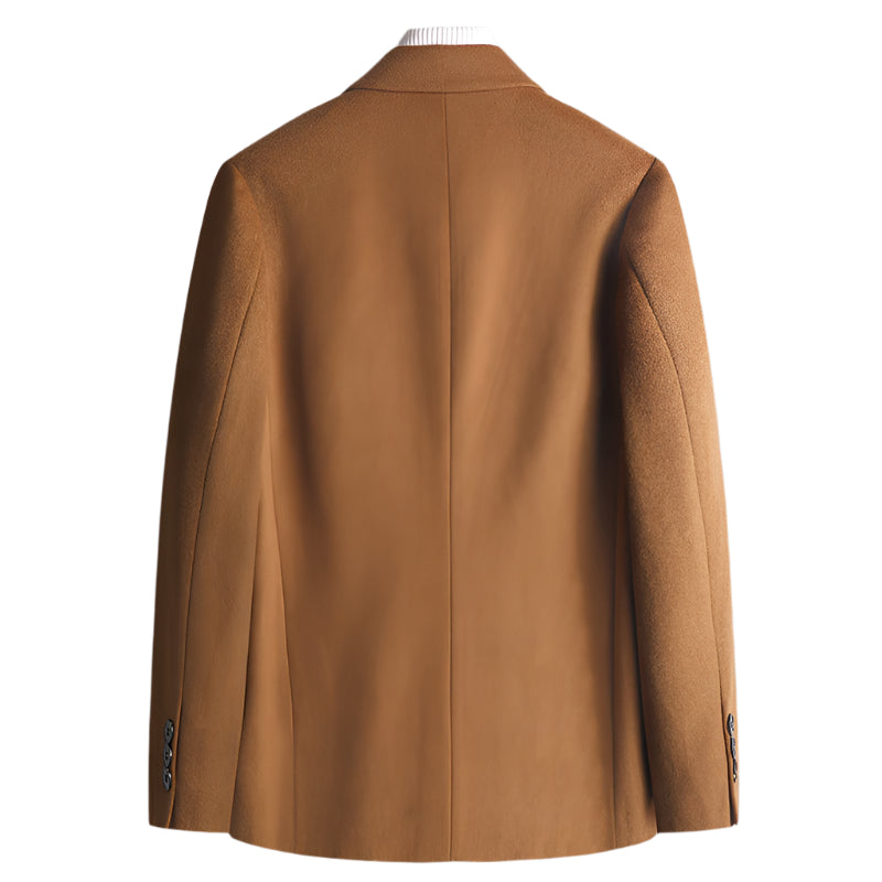 The back view of the camel blazer showing the tailored center seam