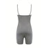 Back view of a gray spaghetti strap bodycon romper displayed on a plain background.