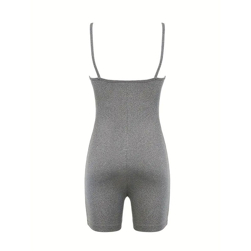Back view of a gray spaghetti strap bodycon romper displayed on a plain background.