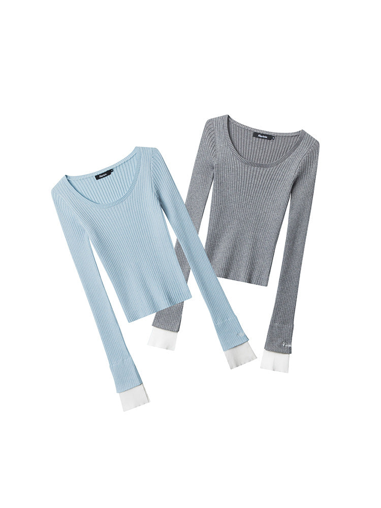 Two ribbed knit tops with white contrast cuffs - one in powder blue and one in heather grey, featuring scoop necklines and fitted silhouette