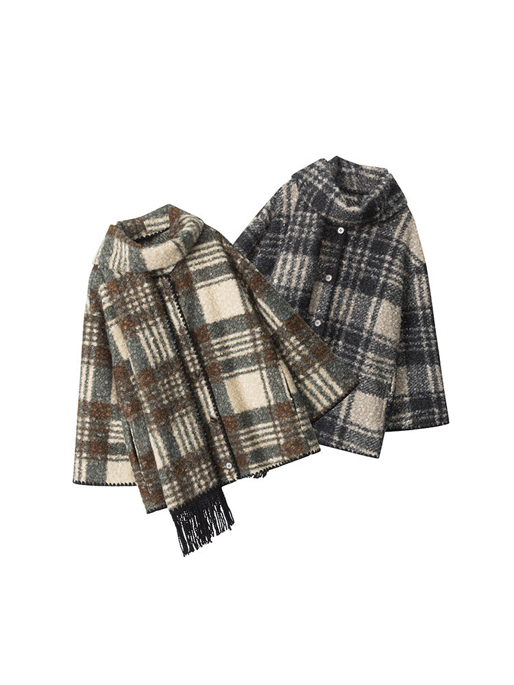 Plaid Pattern Mid-Length Coat with Scarf Collar