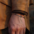  A silver and gold cross bracelet worn with a brown jacket, creating a rugged, vintage-inspired look.