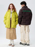 Models wearing Impressionism puffer jackets in yellow and brown, styled with casual wear