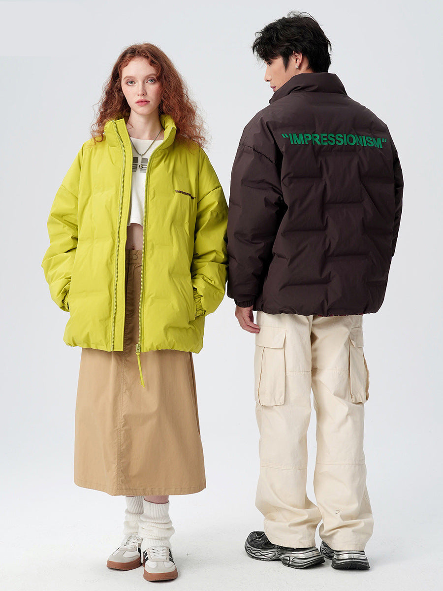 Models wearing Impressionism puffer jackets in yellow and brown, styled with casual wear