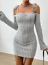 Gray off-shoulder mini dress with long bell sleeves and tie straps, styled with a chunky silver necklace