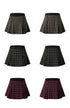 Grid of six plaid mini skirts in brown, green and burgundy patterns, shown from different angles