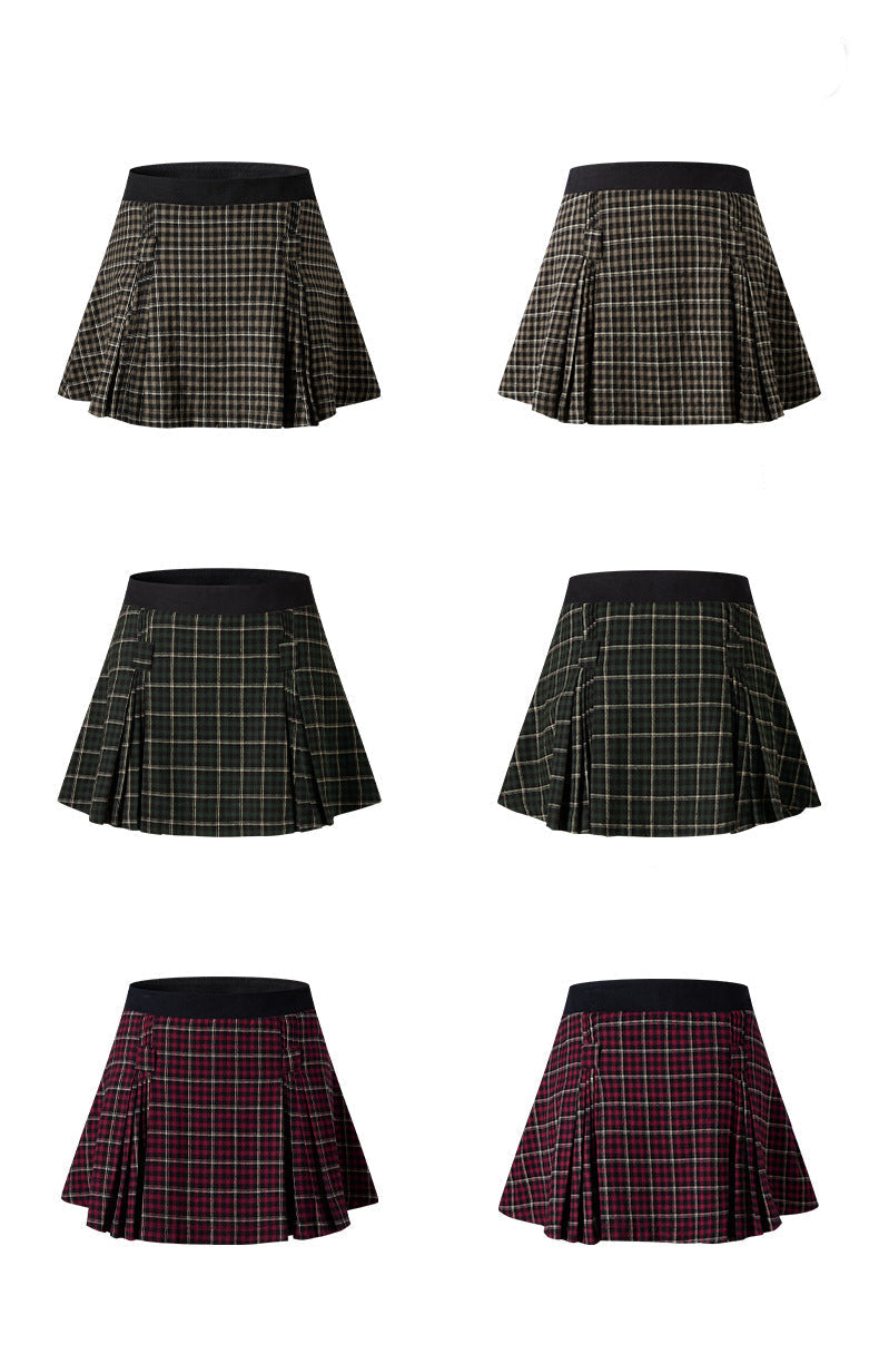 Grid of six plaid mini skirts in brown, green and burgundy patterns, shown from different angles