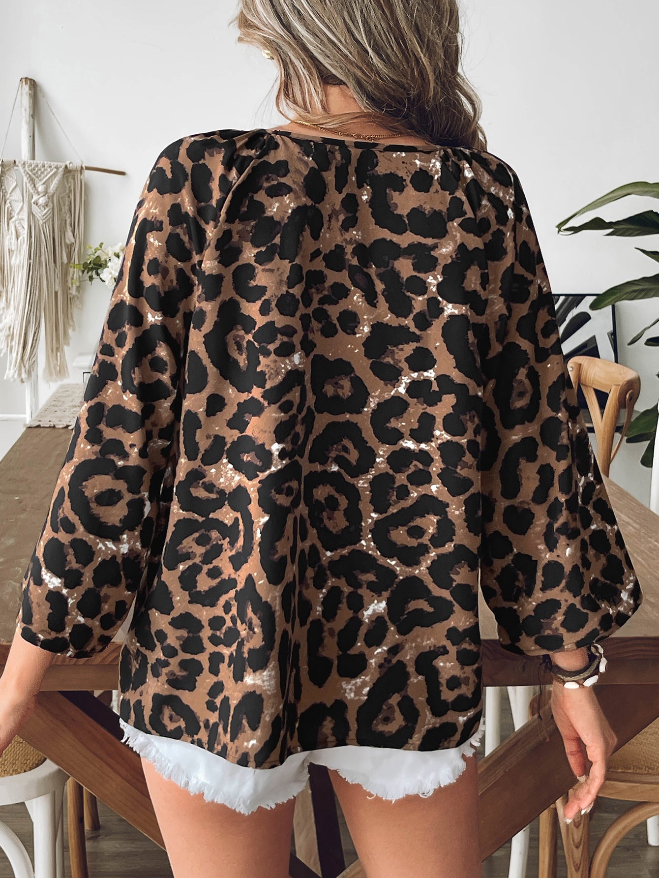 Back view leopard print top women’s V neck loose fit half sleeve blouse