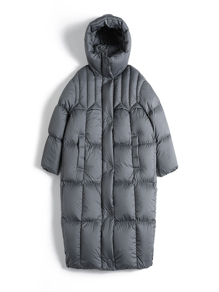 A gray quilted puffer coat with hood displayed flat against white background, showing structured quilting pattern and button closures